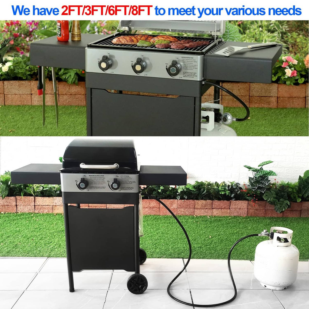Propane grill setup using a replacement 2-ft black regulator and hose with tank connection