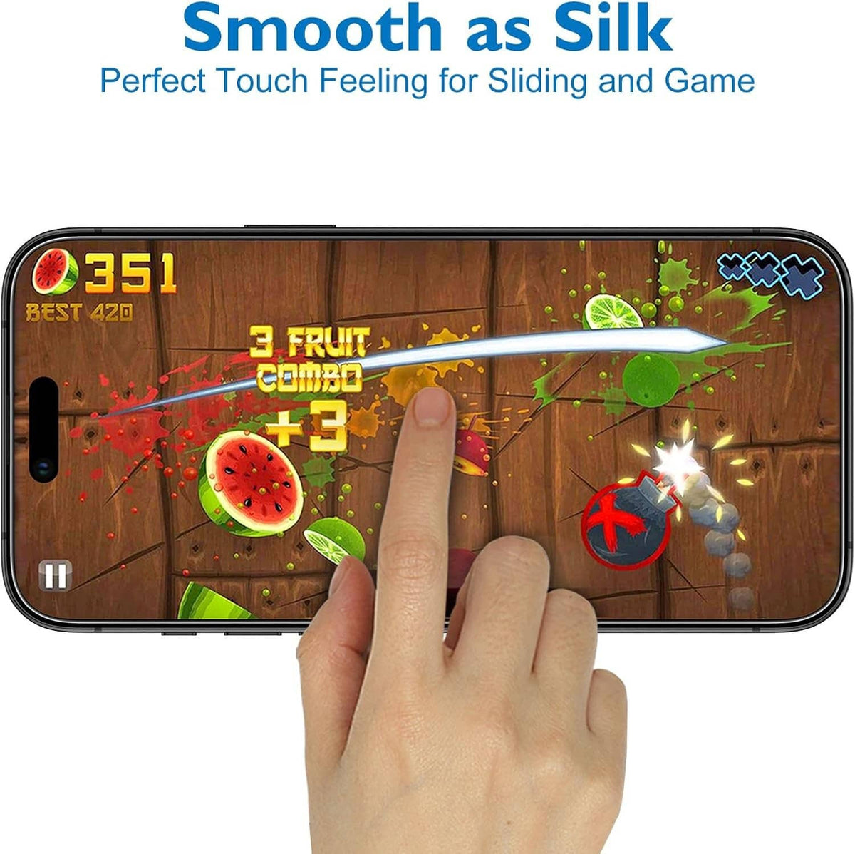 Matte glass screen protector on iPhone with smooth touch for swipes and games