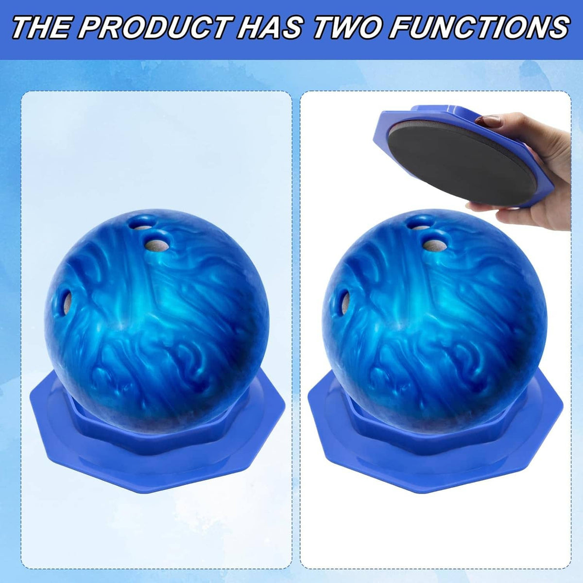 Blue bowling ball sanding pad holder with blue grip ball insert and black octagonal grip ring