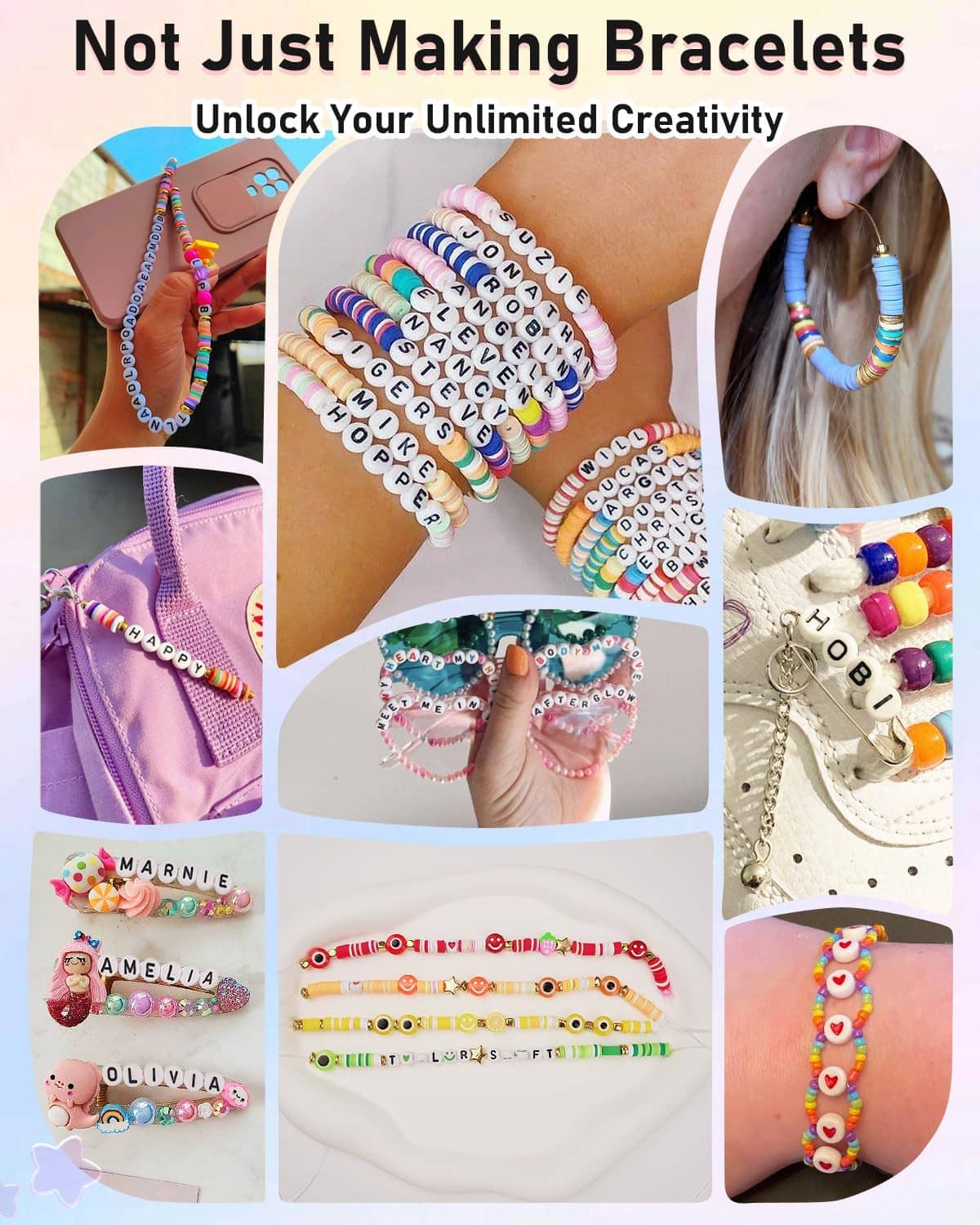Colorful beaded bracelets collage on wrists showing multiple charm and bead patterns