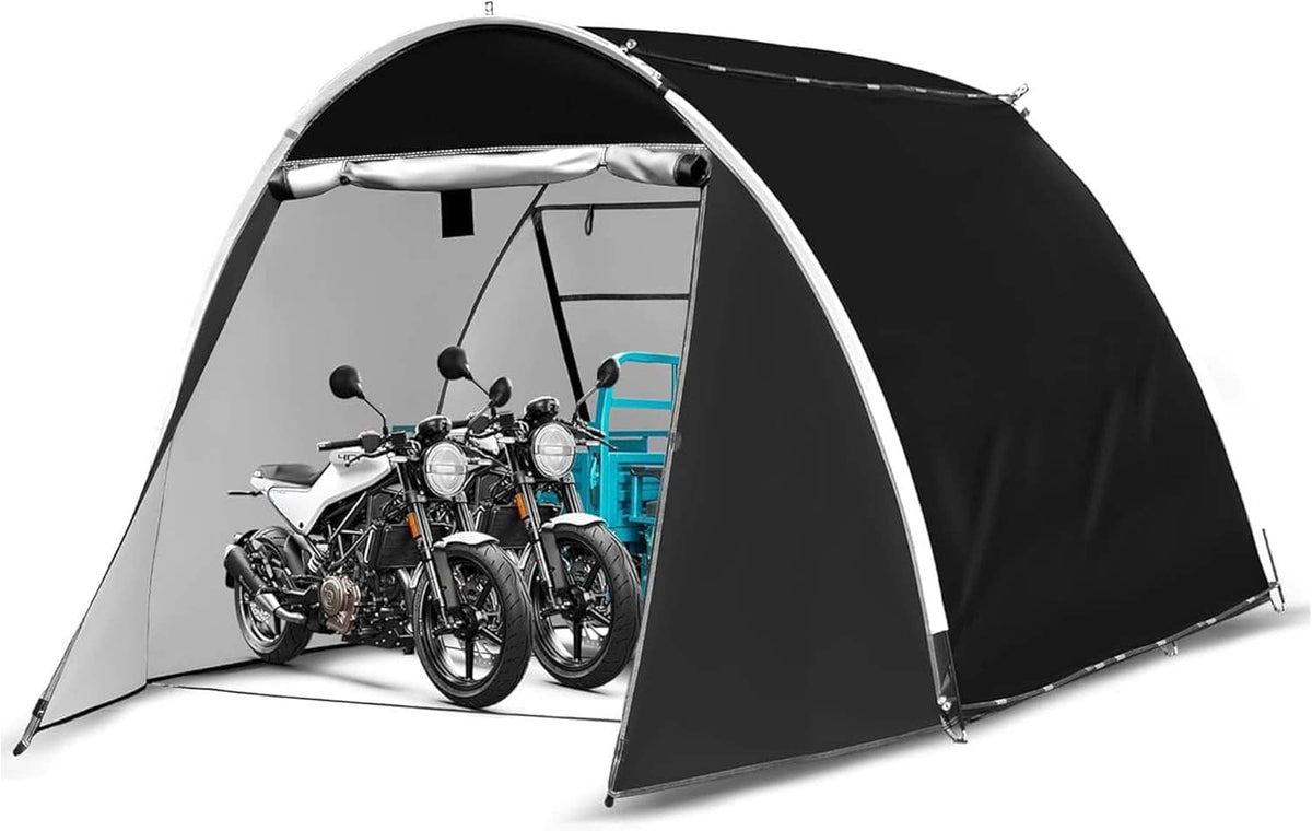 Bike storage tent with open entrance, black and gray sides, two motorcycles stored