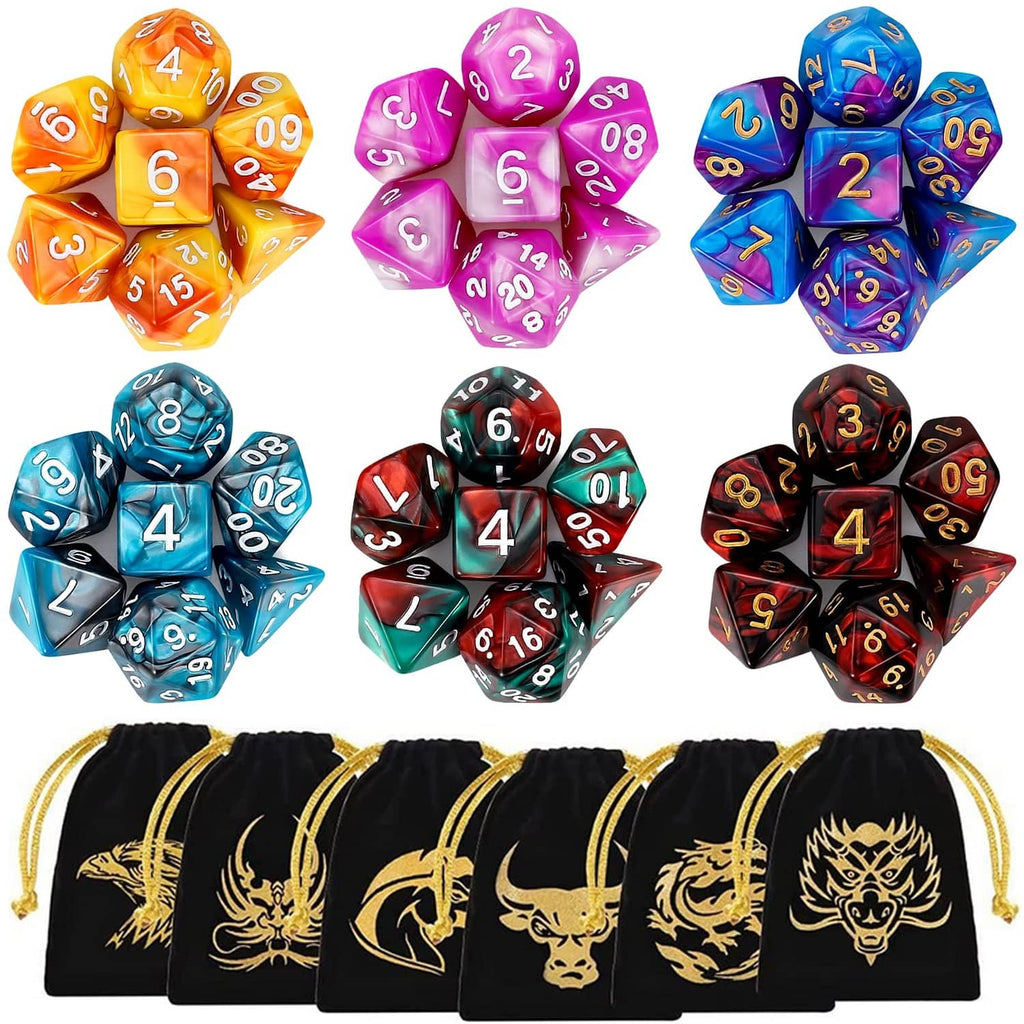 Set of multicolor polyhedral RPG dice, orange, purple, and blue with white number faces