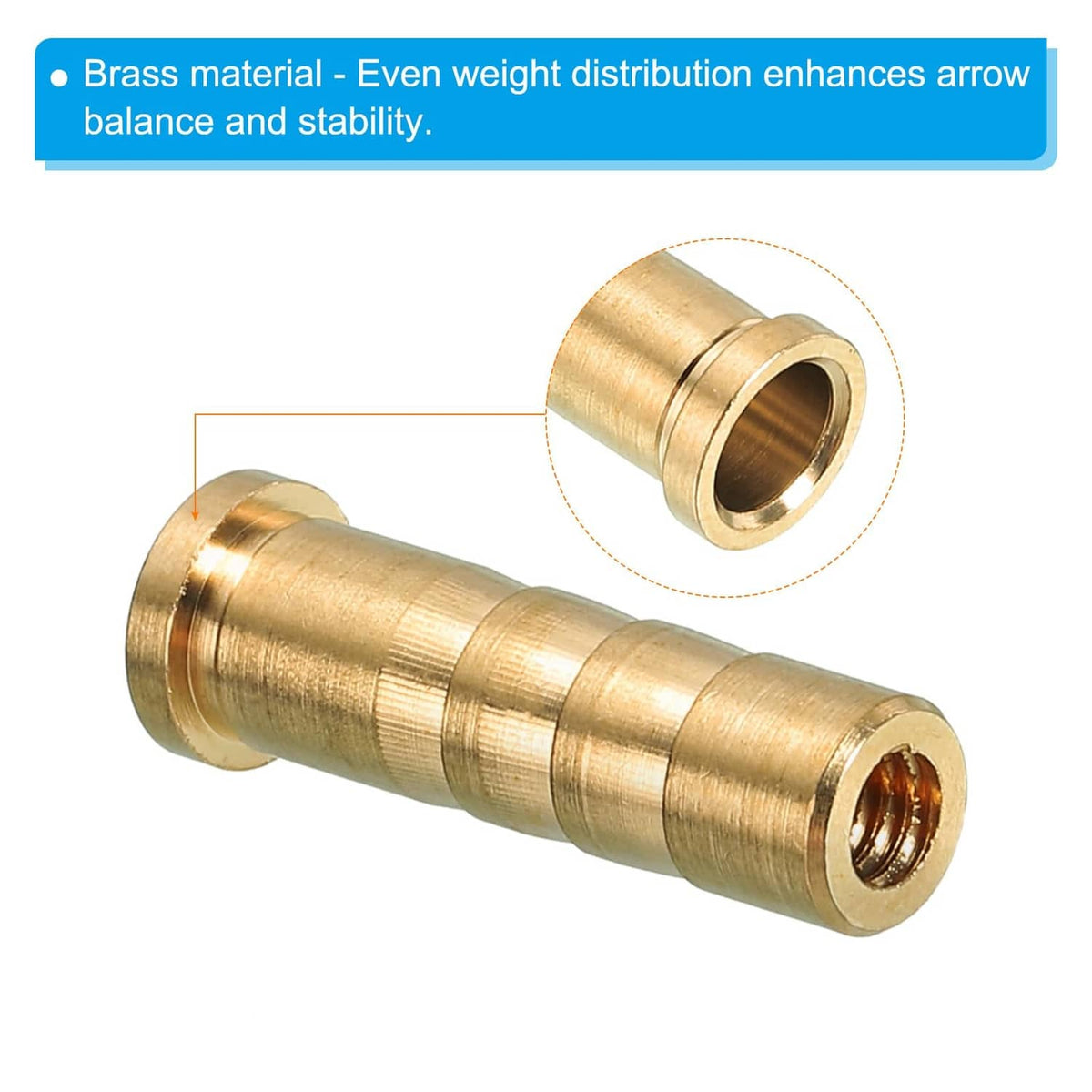 Brass arrow insert sleeve with exposed copper-colored screw core