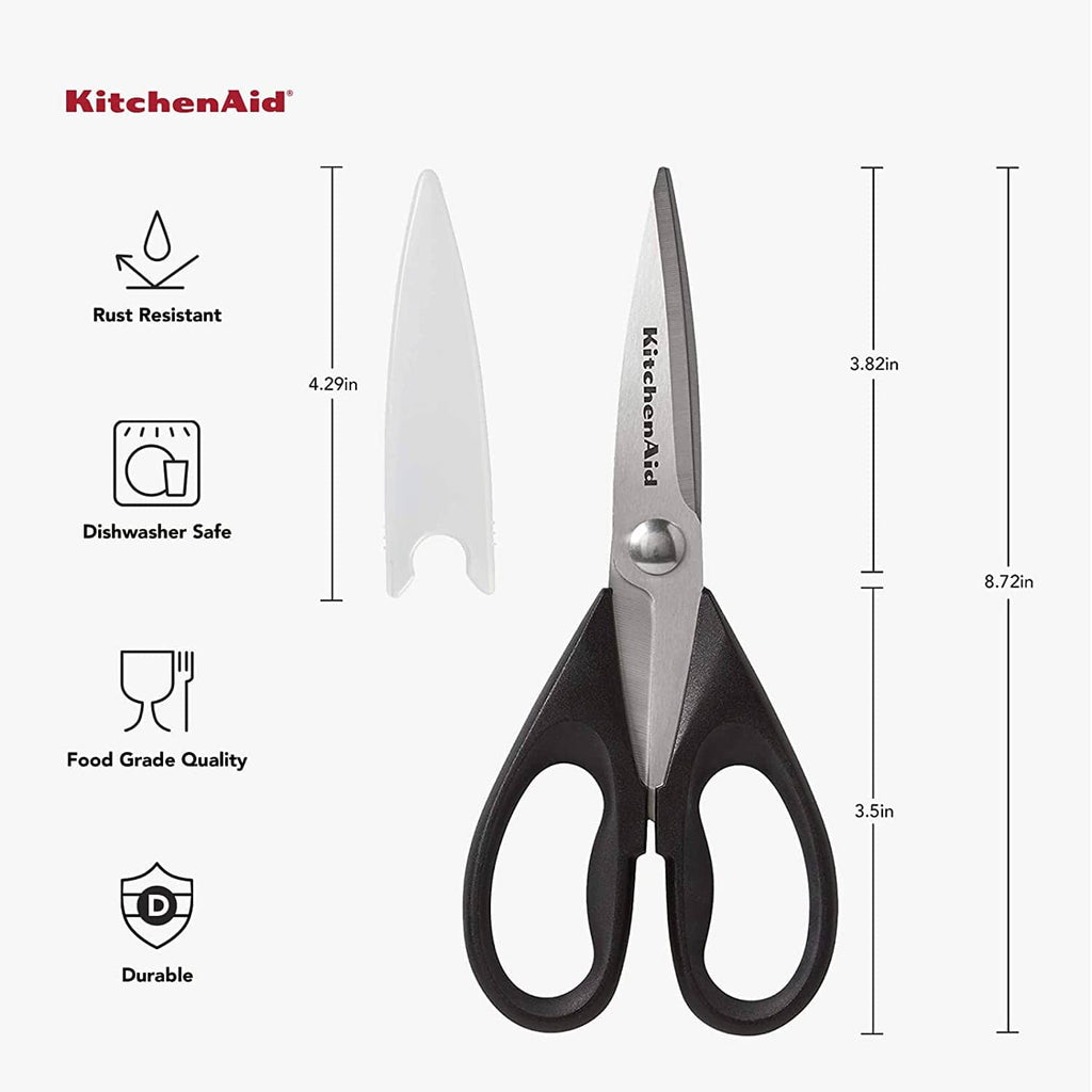 Stainless steel kitchen shears with black loop handles, standalone product view