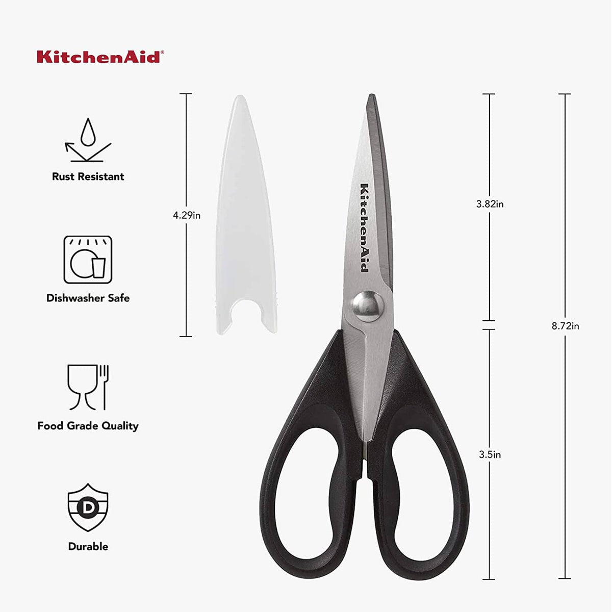 Stainless steel kitchen shears with black loop handles, standalone product view
