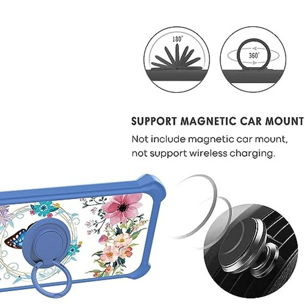 Blue floral phone case with blue ring kickstand and car-mount support illustration