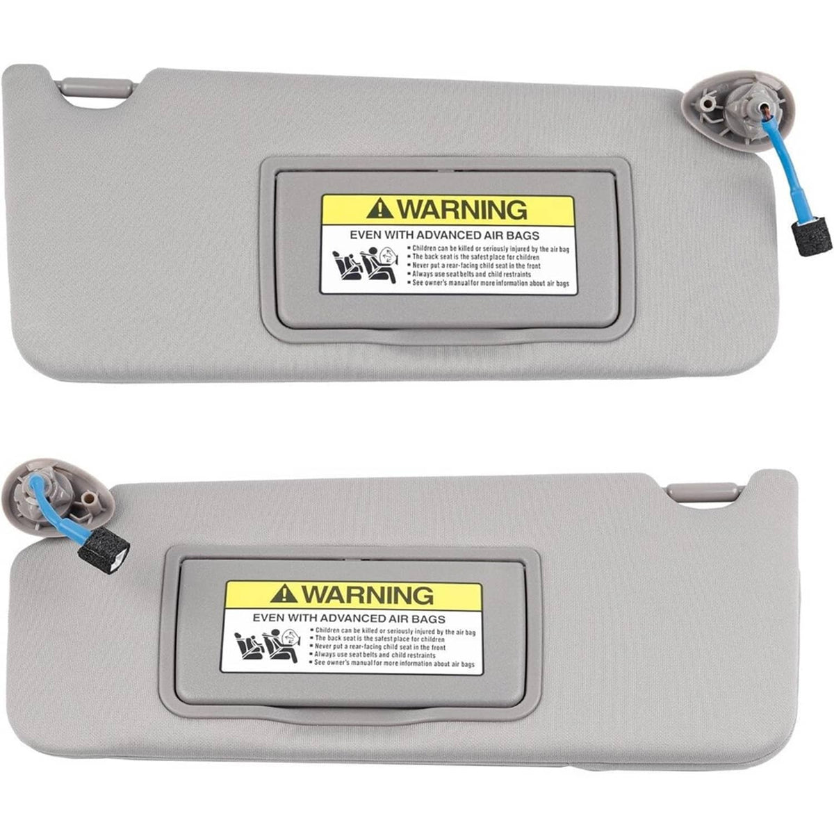 Gray car sun visor pair with two AIR BAG warning labels and blue wiring connection