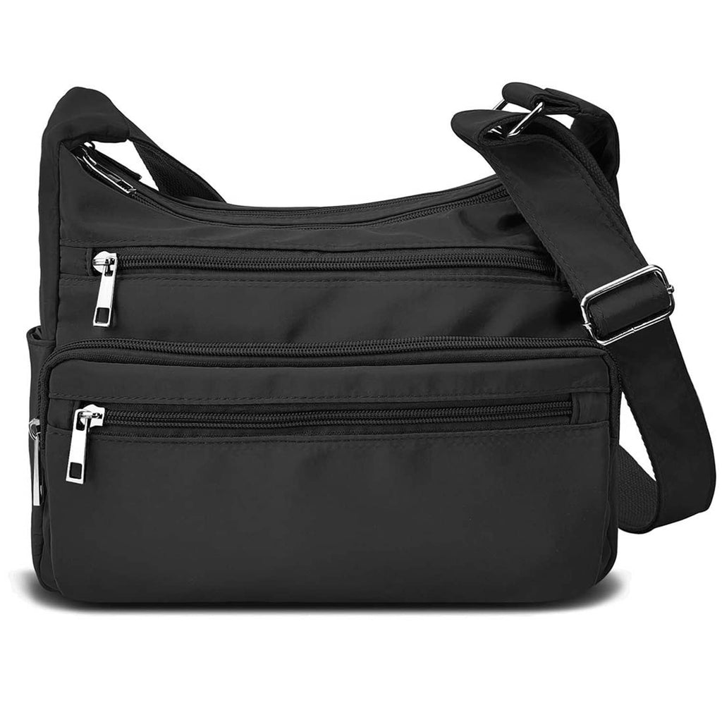 Black nylon shoulder purse with top zipper, front zip pockets, and adjustable strap
