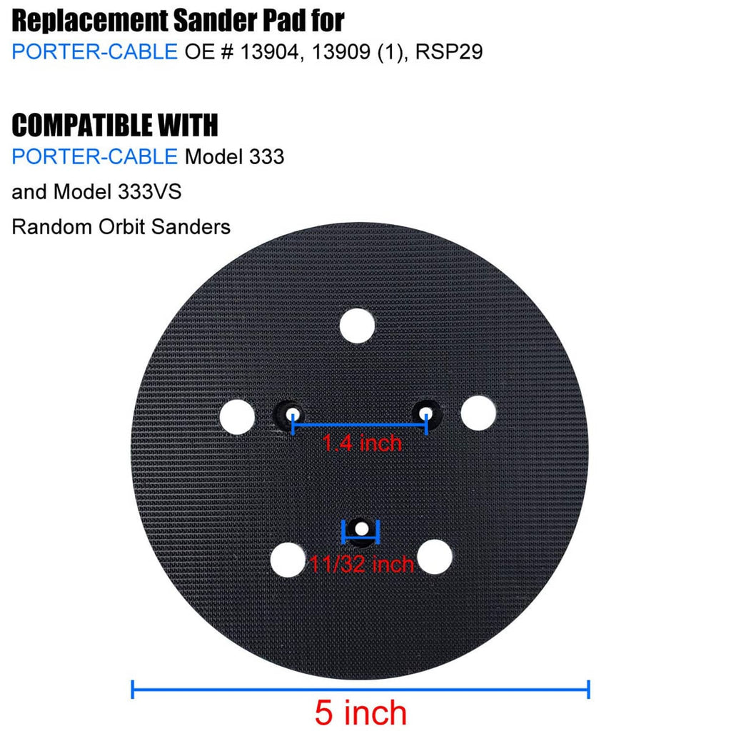 Black 5-inch sanding pad with dust holes and central mounting opening