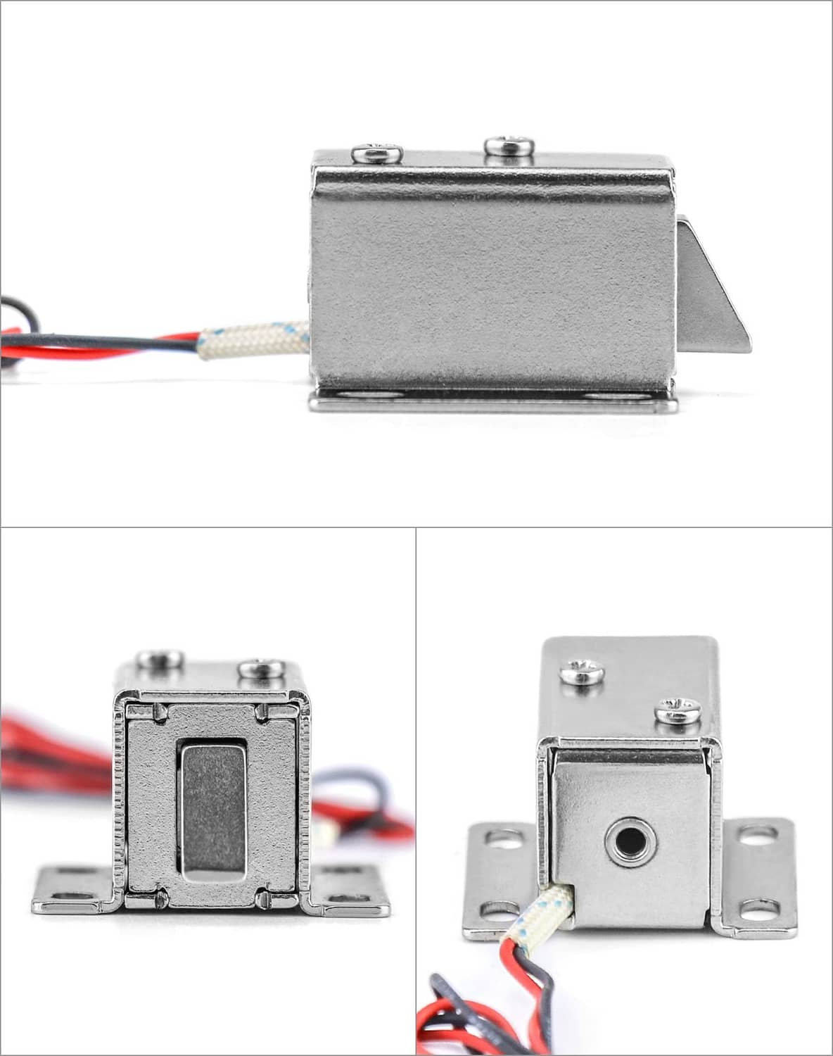 Silver electromagnetic solenoid lock with mounting plate and visible wire connections.