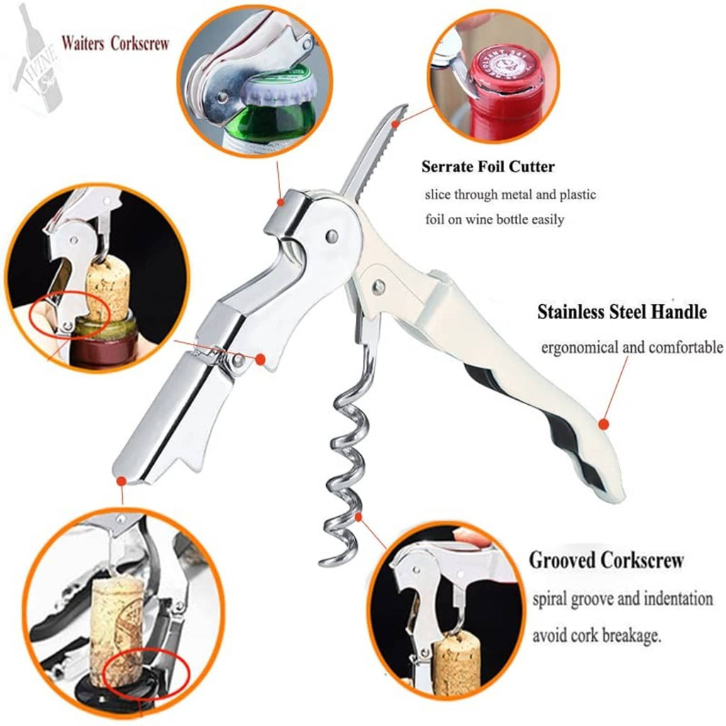 Stainless steel waiter corkscrew with grooved spiral and foil-cutting knife, white handle