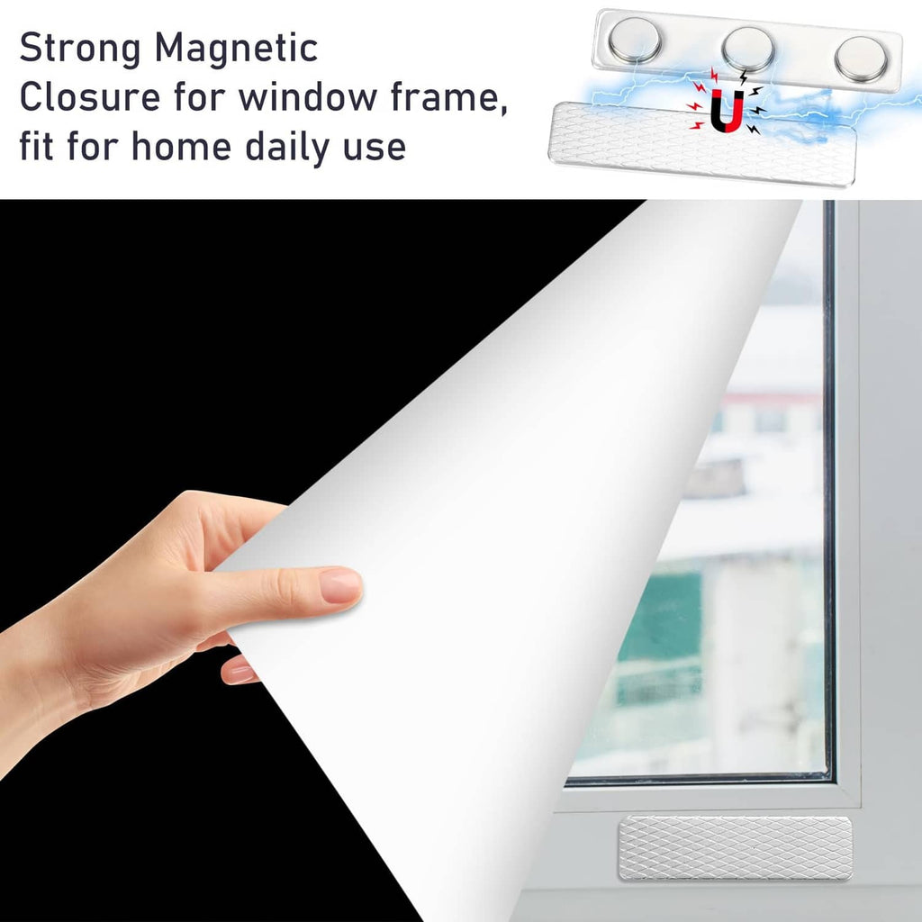 Silver magnetic curtain weight strip holding window curtain panel on frame