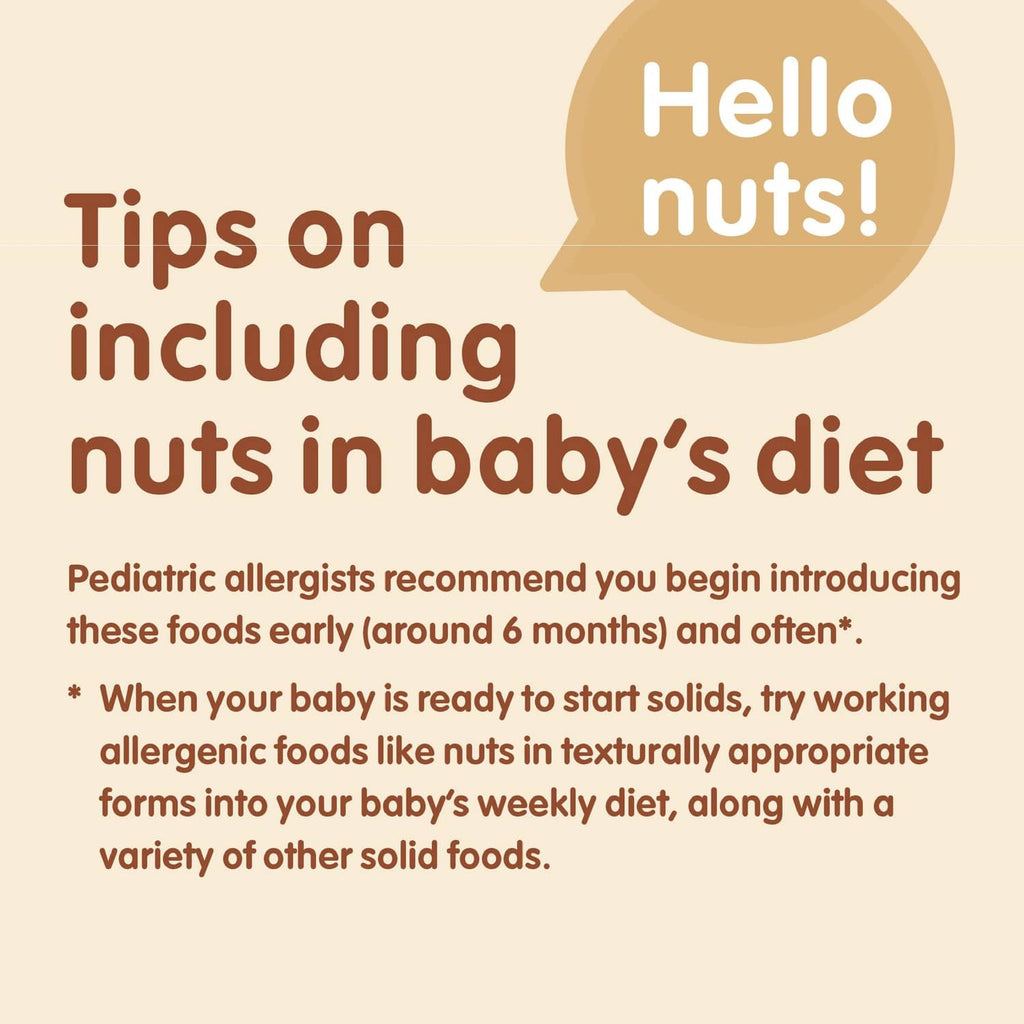 Tips on introducing nuts in baby diet label on HappyBABY nutty blends pouch