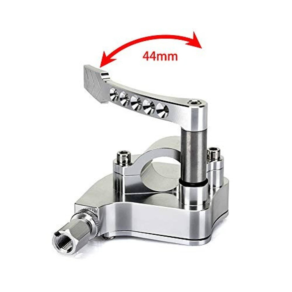 Universal 7/8 in thumb throttle, silver body with 44mm measurement callout