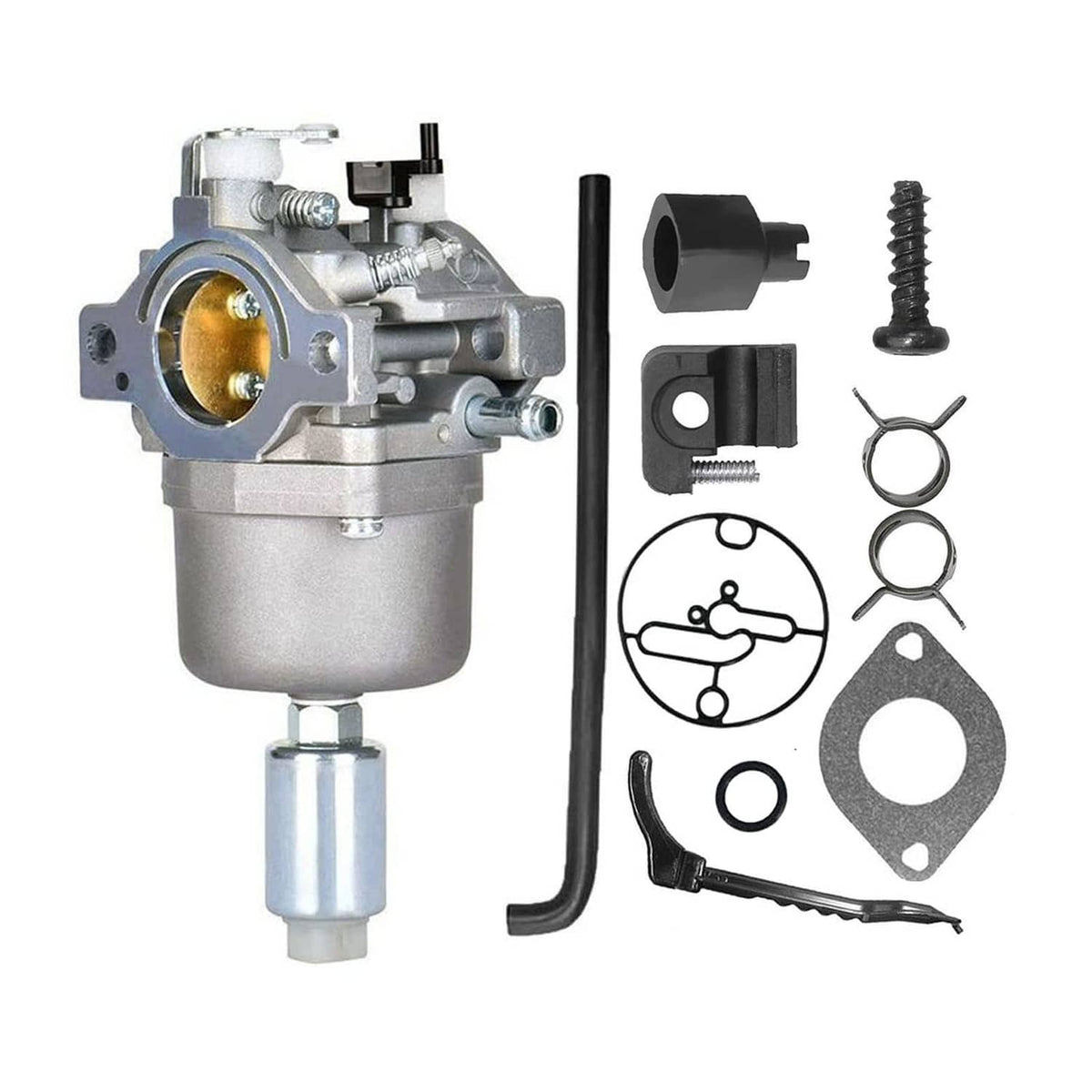 Metal carburetor replacement kit with fuel line, throttle arm, and mounting gaskets