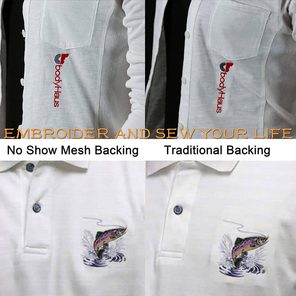 Two white shirts, embroidered pocket design showing no-show mesh backing vs traditional