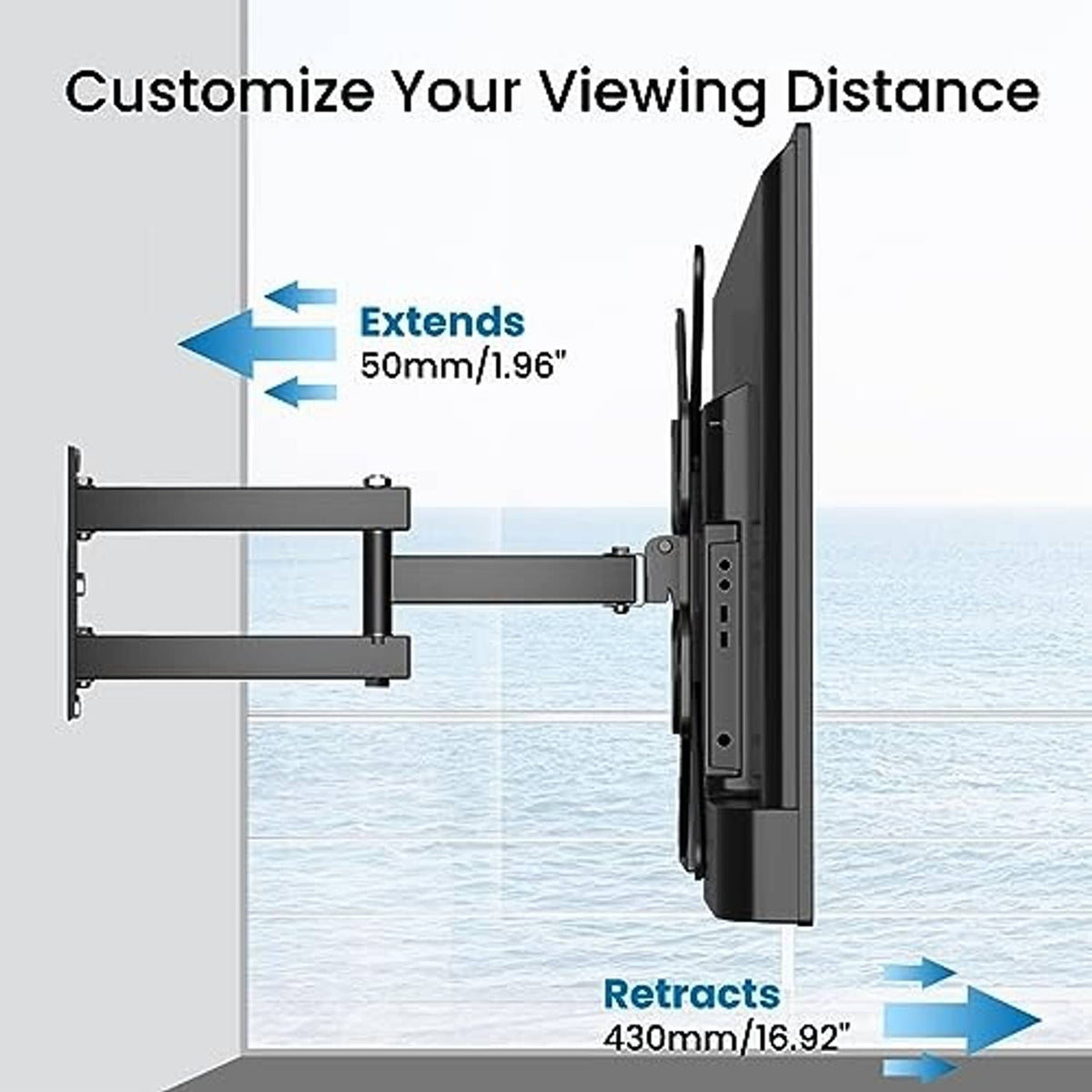Full-motion TV wall mount showing extended and retracted arm positions, black