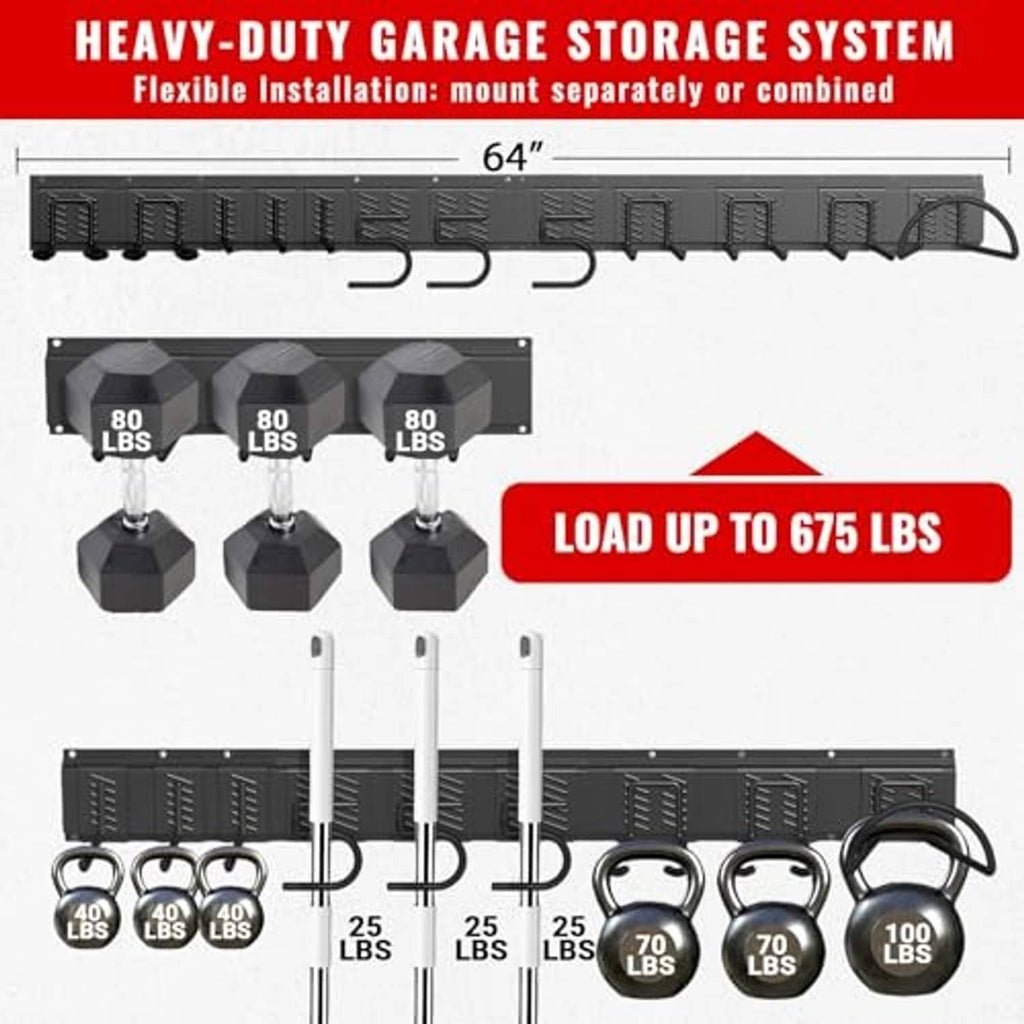 Wall storage system rail with hanging hooks, pegboard-style holders, and hanging rings
