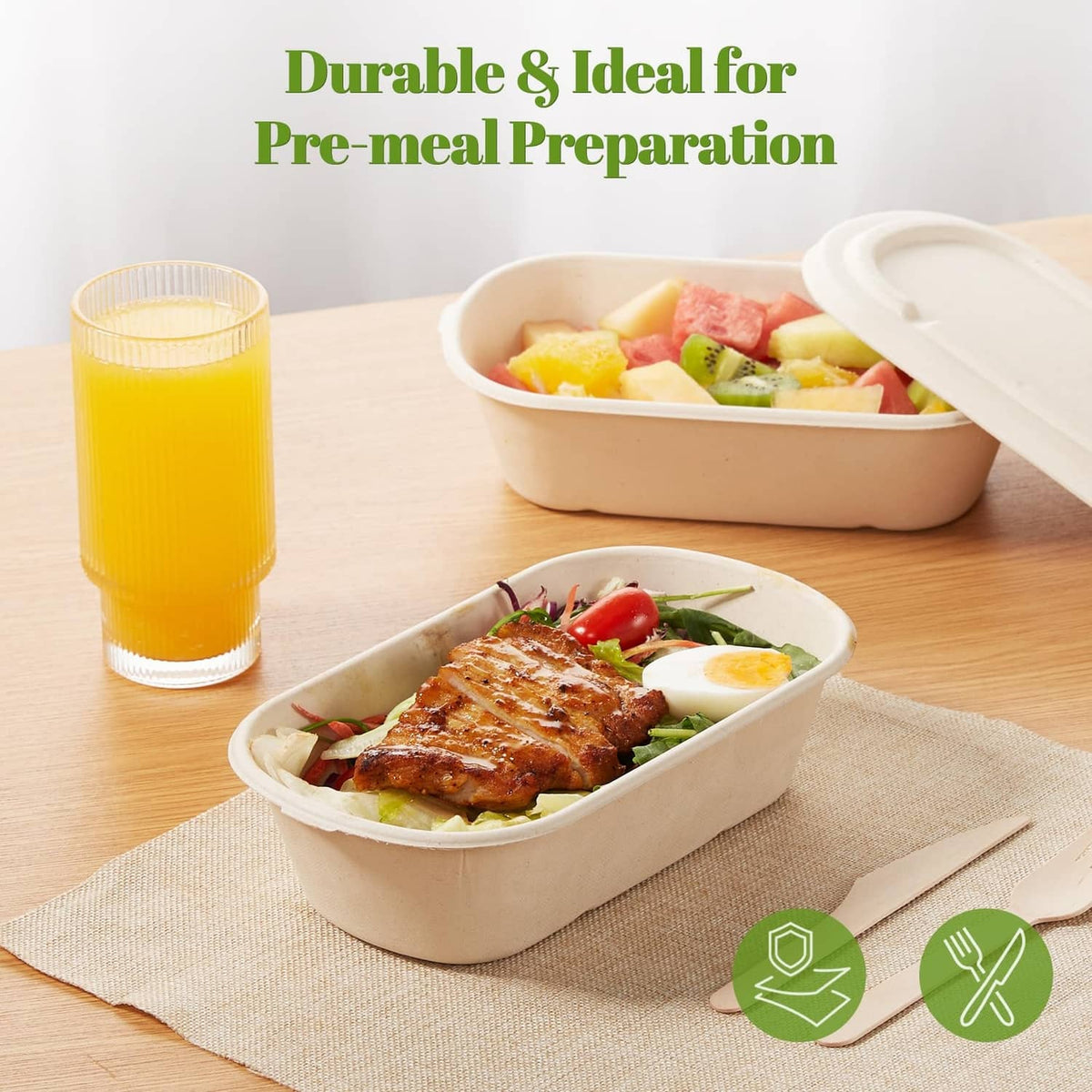 Light beige disposable meal prep containers with lids, food portions inside