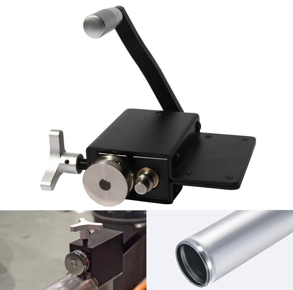 Tube pipe bead roller tool with black base, rotary knob, and rocker handle