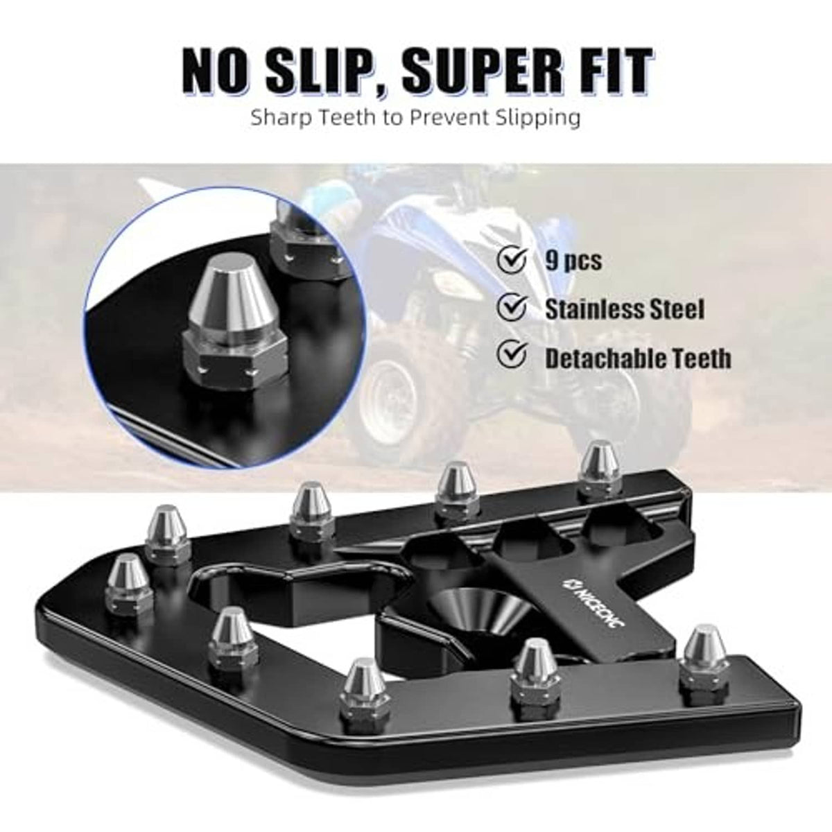 Black brake pedal extender with conical studs and textured platform base