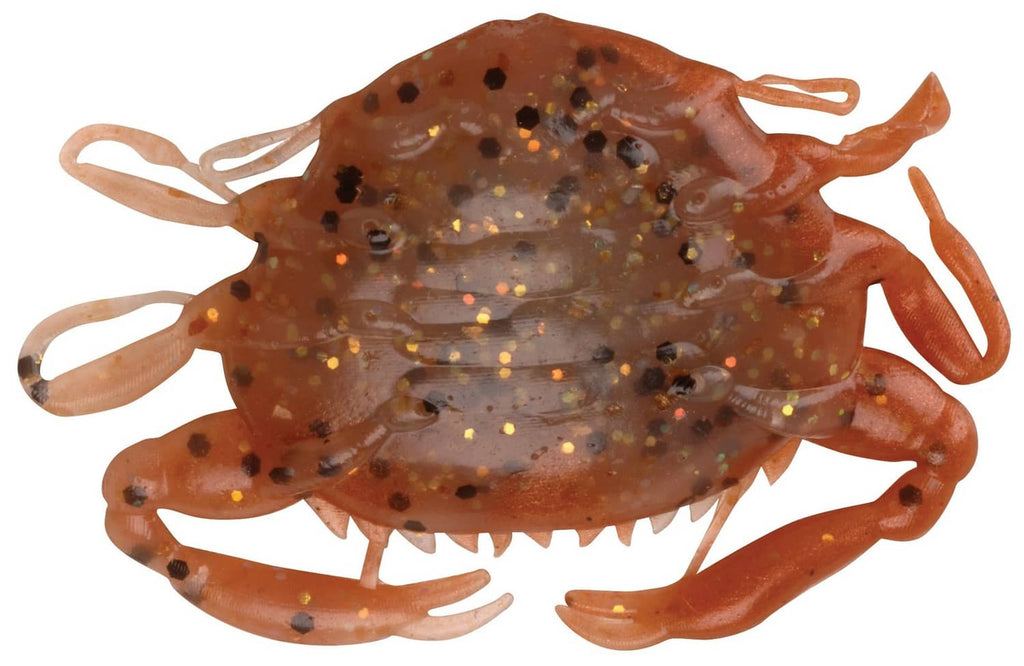 Orange speckled soft crab fishing bait with molded claws and hook rig