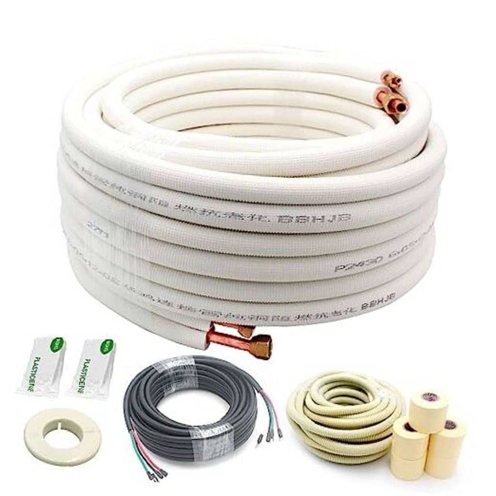 Mini split line set kit with white insulated tubing, copper flare ends, and wiring