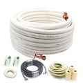 Mini split line set kit with white insulated tubing, copper flare ends, and wiring