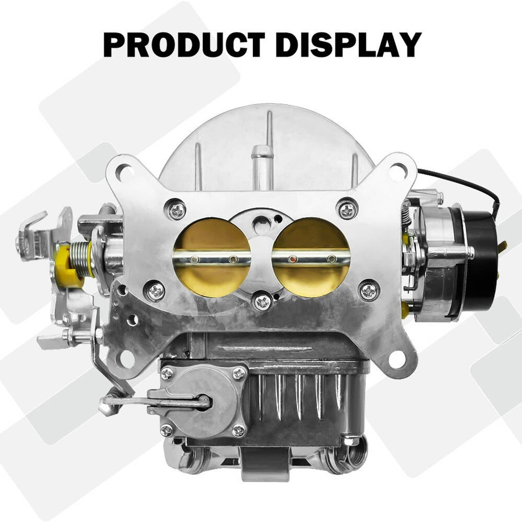 2-barrel carburetor front view with twin gold-tinted bores and electric choke motor
