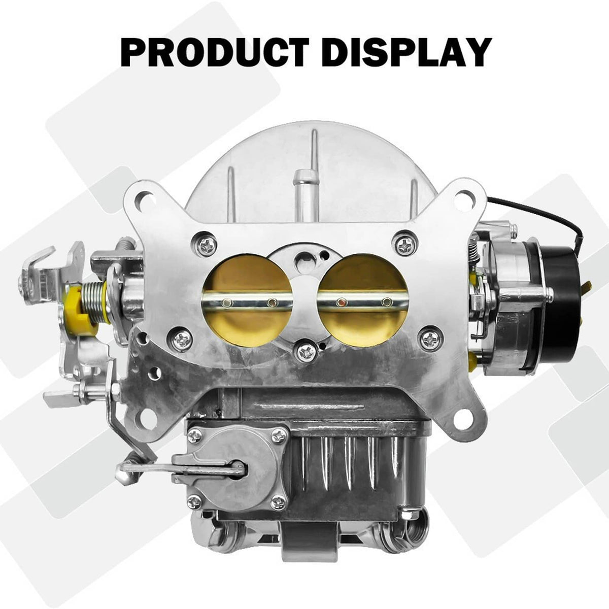 2-barrel carburetor front view with twin gold-tinted bores and electric choke motor