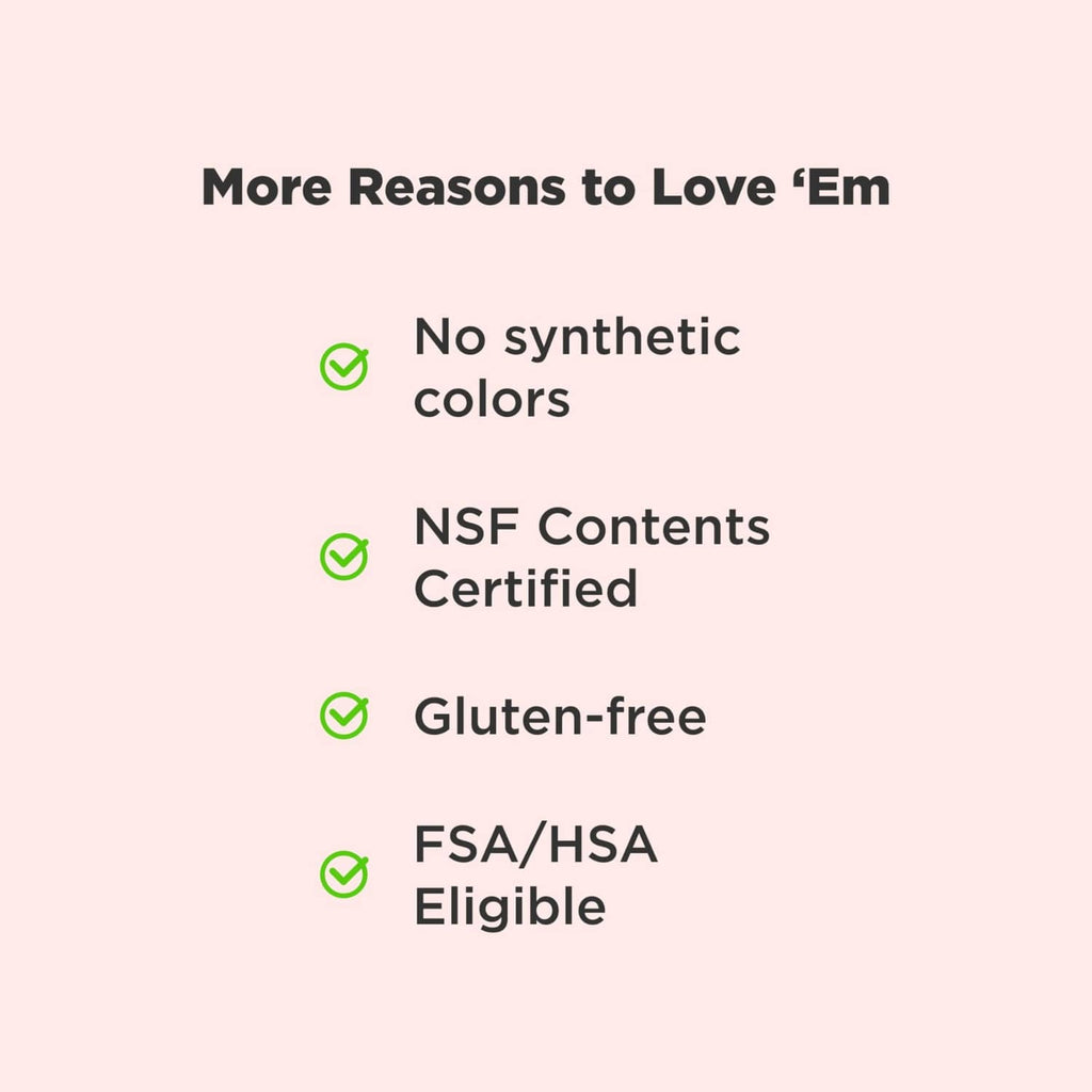 Benefits card listing no synthetic colors, NSF certified, gluten-free, and FSA/HSA eligible