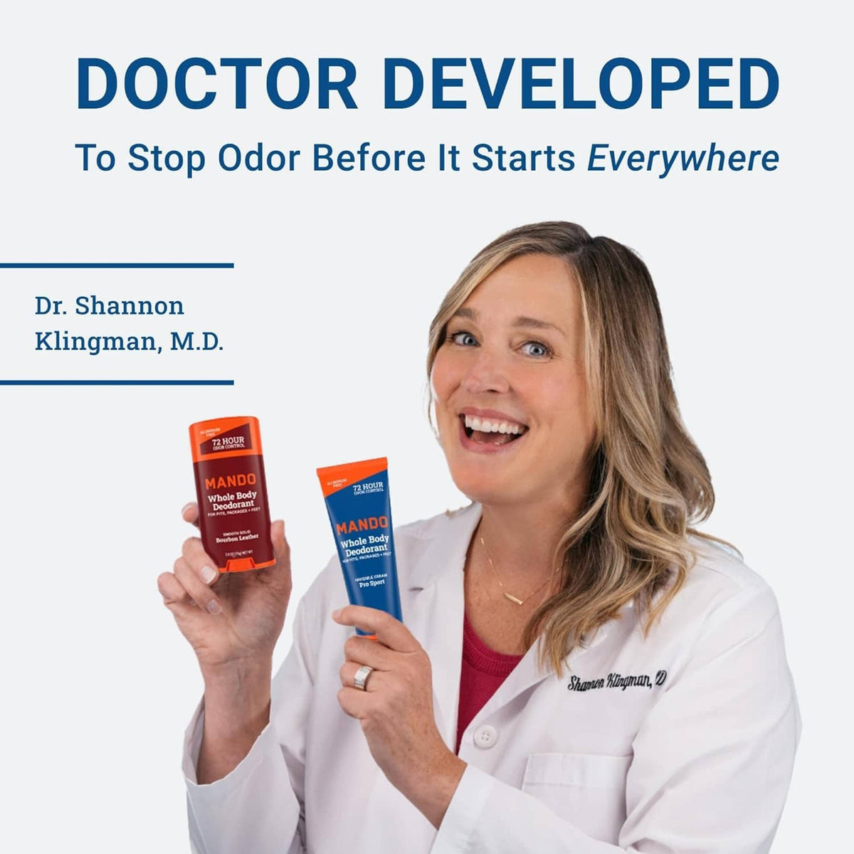 Clinician holding Mando whole body deodorant sticks while smiling