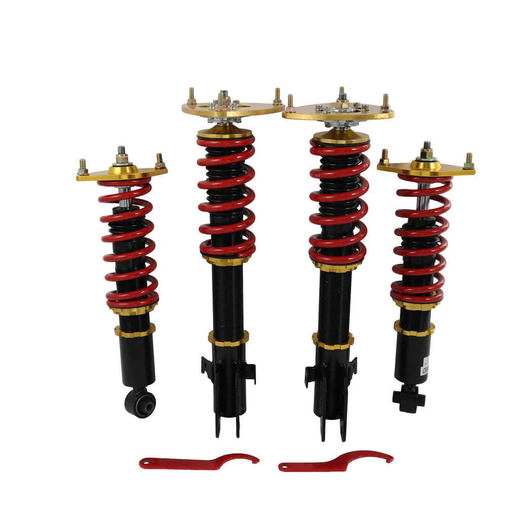 Full coilover suspension struts kit with red coil springs, black shocks, gold top mounts