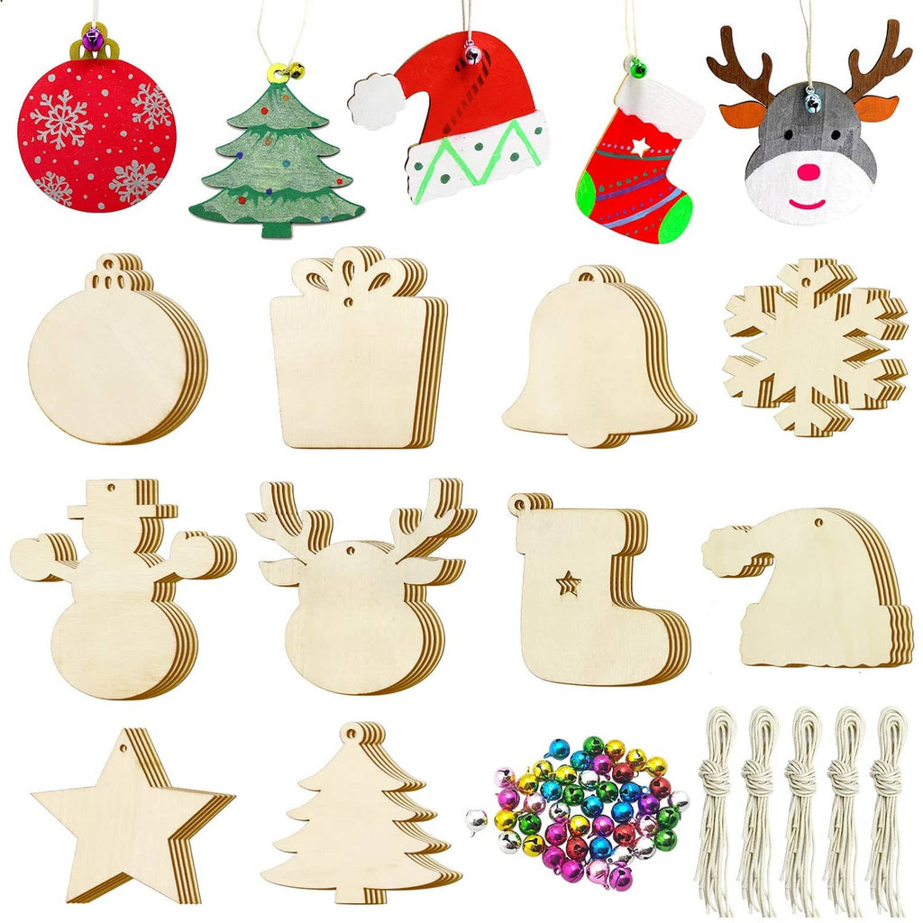 Unfinished wooden Christmas ornament blanks set, round and animal shapes with hanging holes