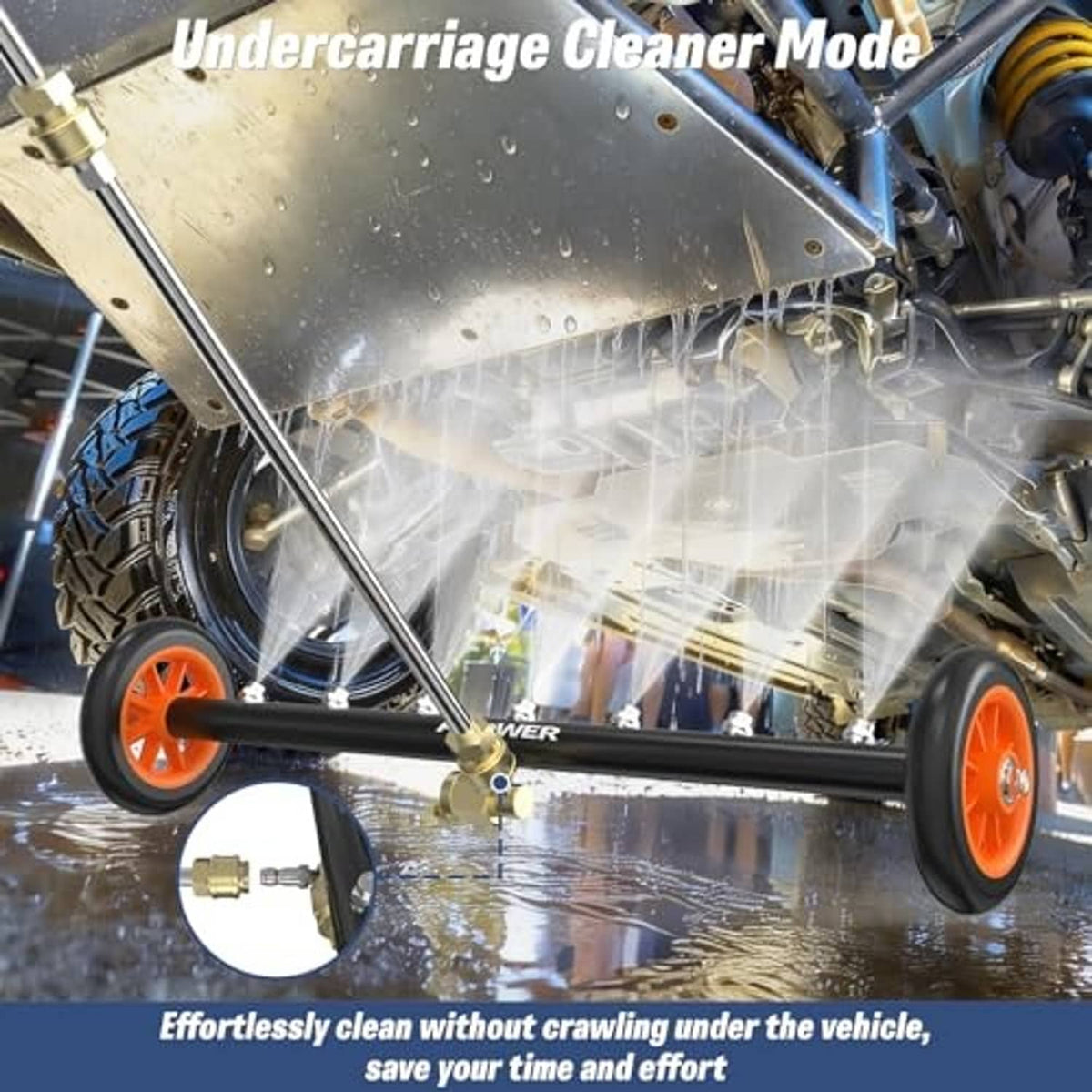 Undercarriage cleaner wand sweeping under vehicle with high-pressure water spray