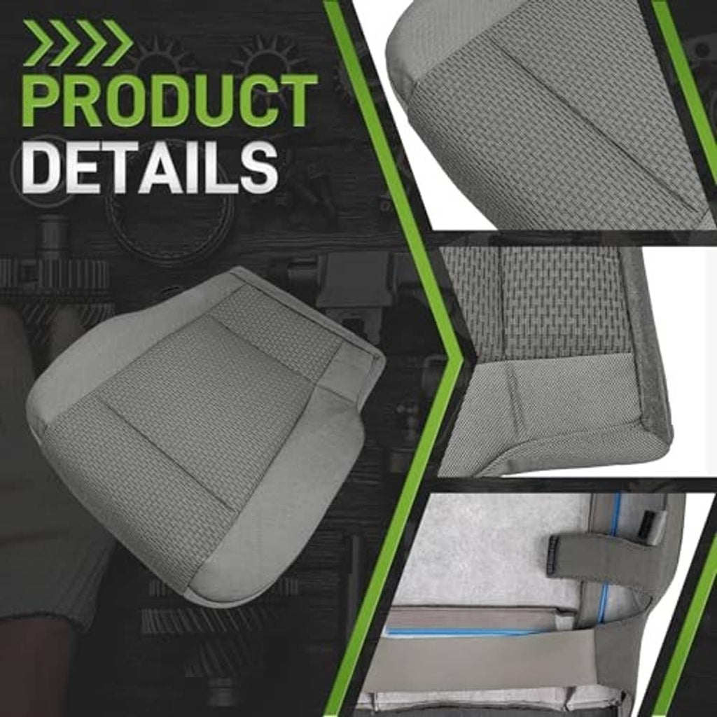 Gray woven seat bottom cover detail with textured surface and stitched seams