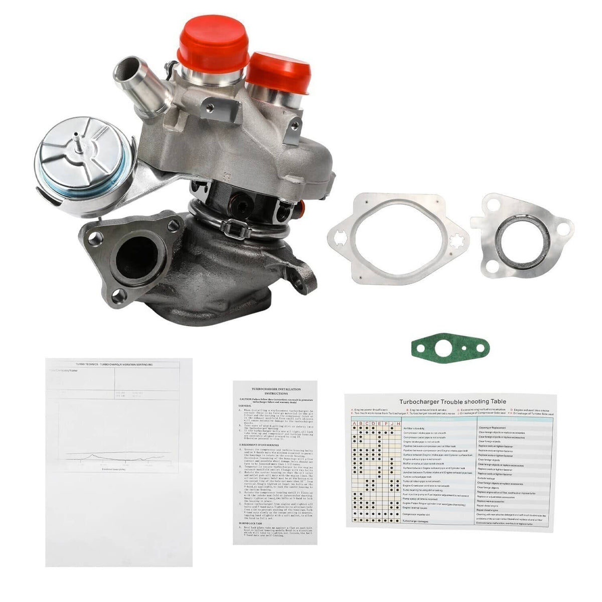 Silver turbocharger assembly with red caps, gaskets, and included instruction sheets