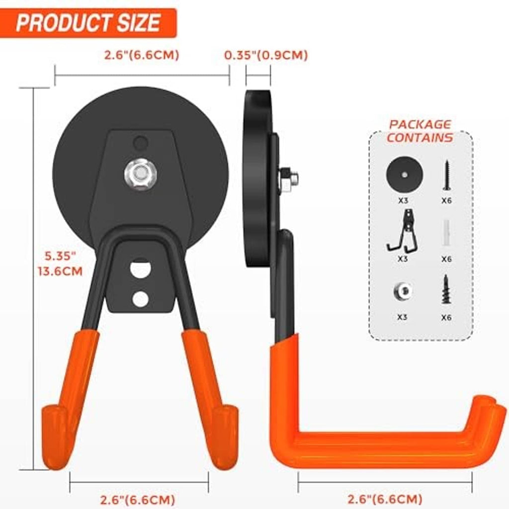 Heavy-duty magnetic hook with orange U frame, black base; size diagram with thickness callout