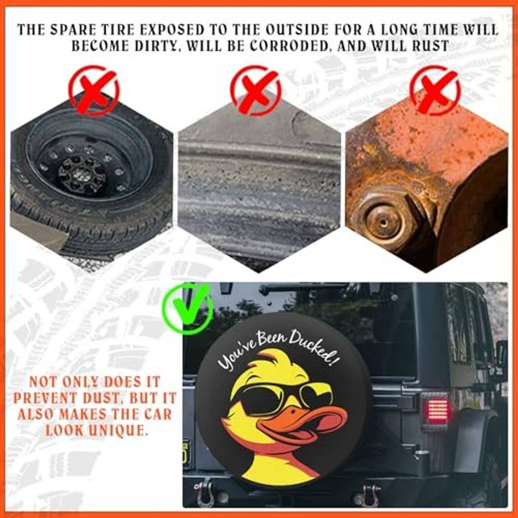 Collage showing black spare tire cover and anti-rust protection icons