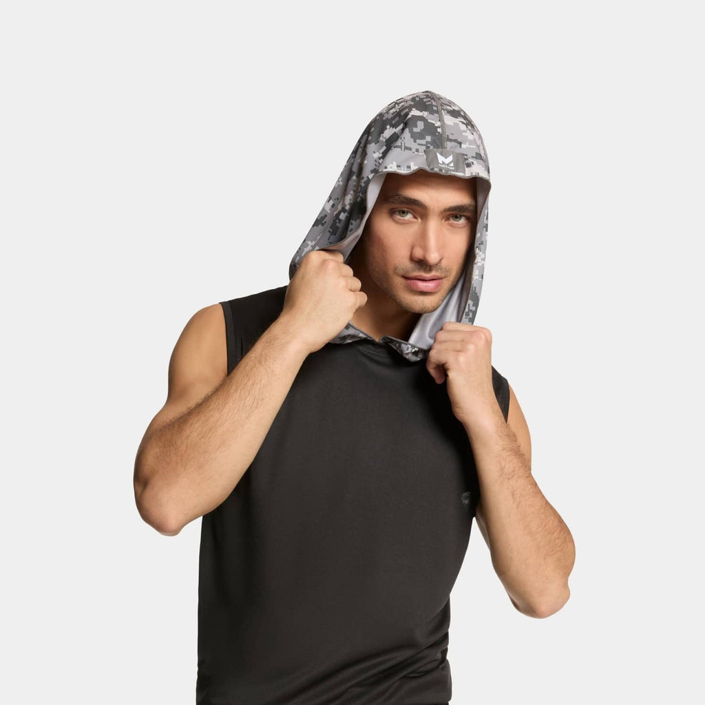 Grey digi camo cooling hood towel worn over black sleeveless shirt