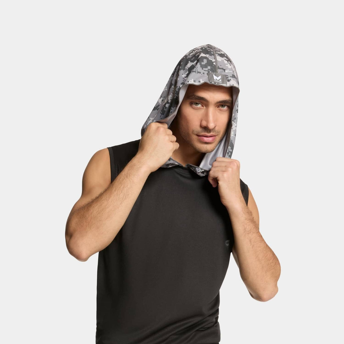 Grey digi camo cooling hood towel worn over black sleeveless shirt