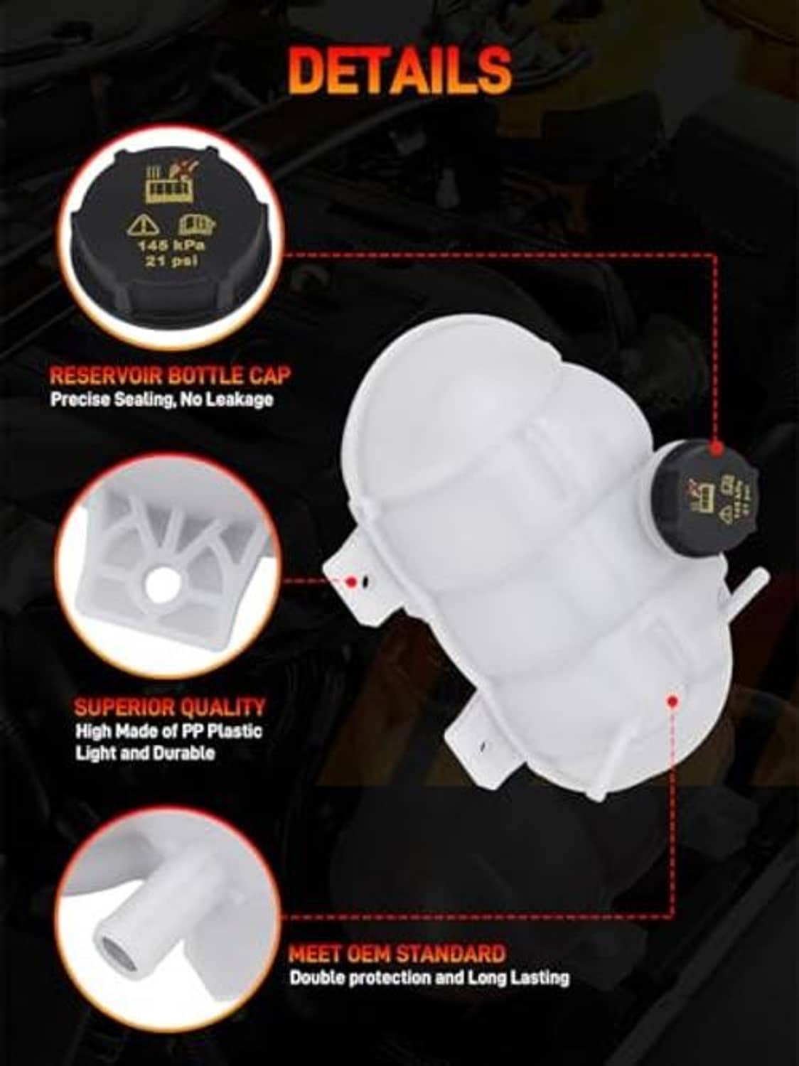White expansion tank with black cap and side port, molded plastic reservoir