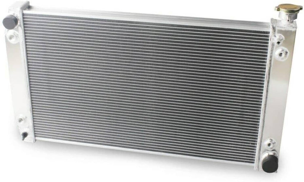Aluminum radiator, 4-row, with side mounting brackets and inlet/outlet fitting on left