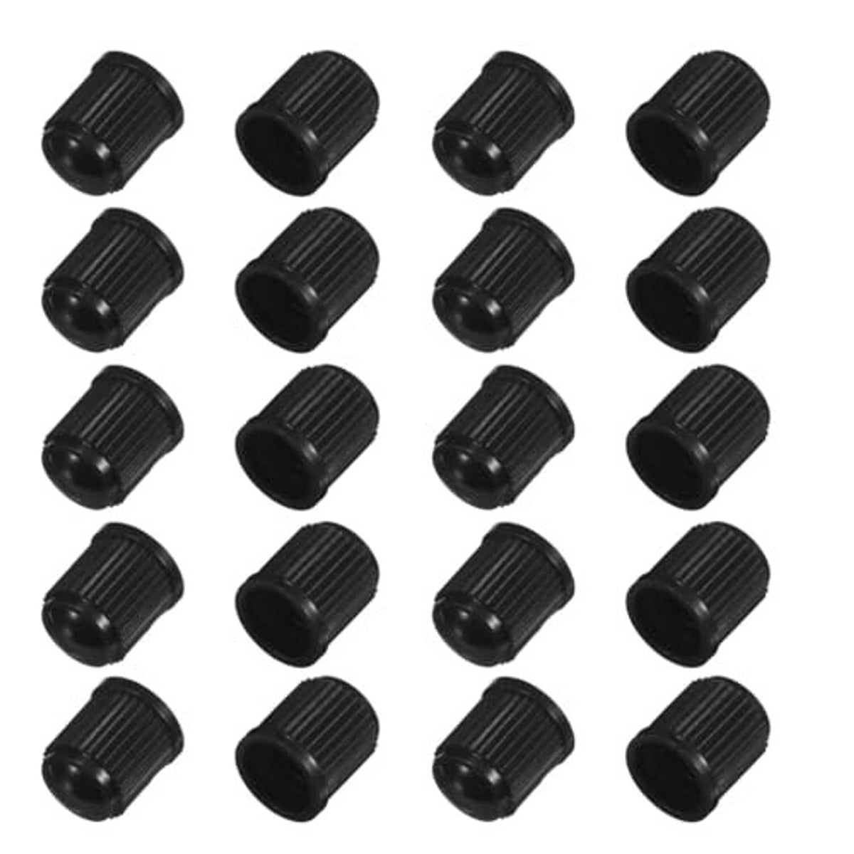 More black ribbed tire valve dust caps, multiple caps shown together