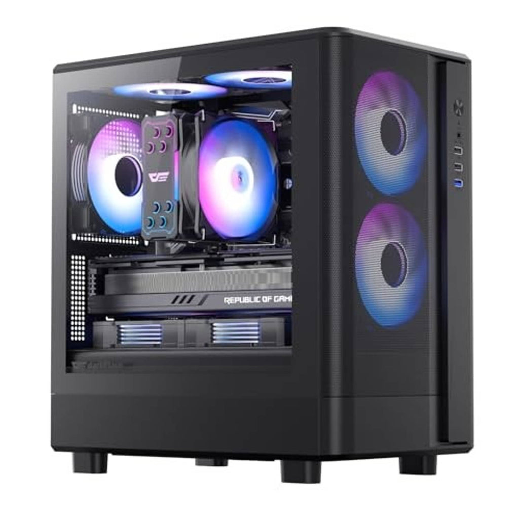 Black micro-ATX PC case with three RGB ARGB fans and side panel window, front open