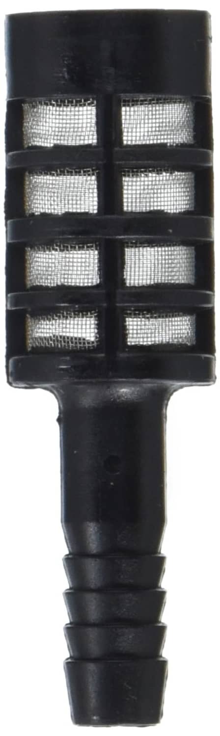 Black 3/8 in sprayer inlet strainer close-up with square mesh filter screen
