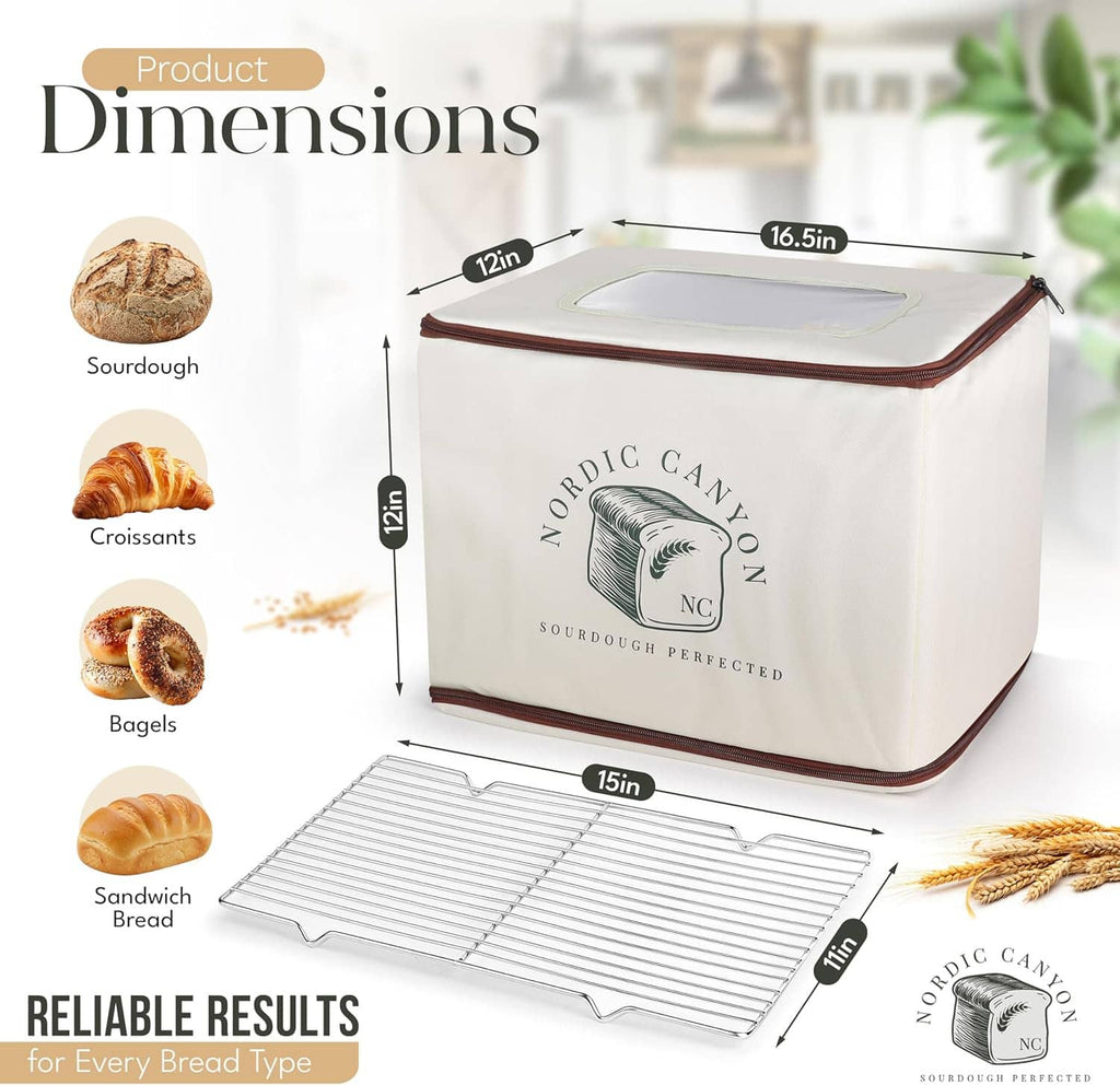 Bread proofing box with clear top and included wire rack, shown with size measurements