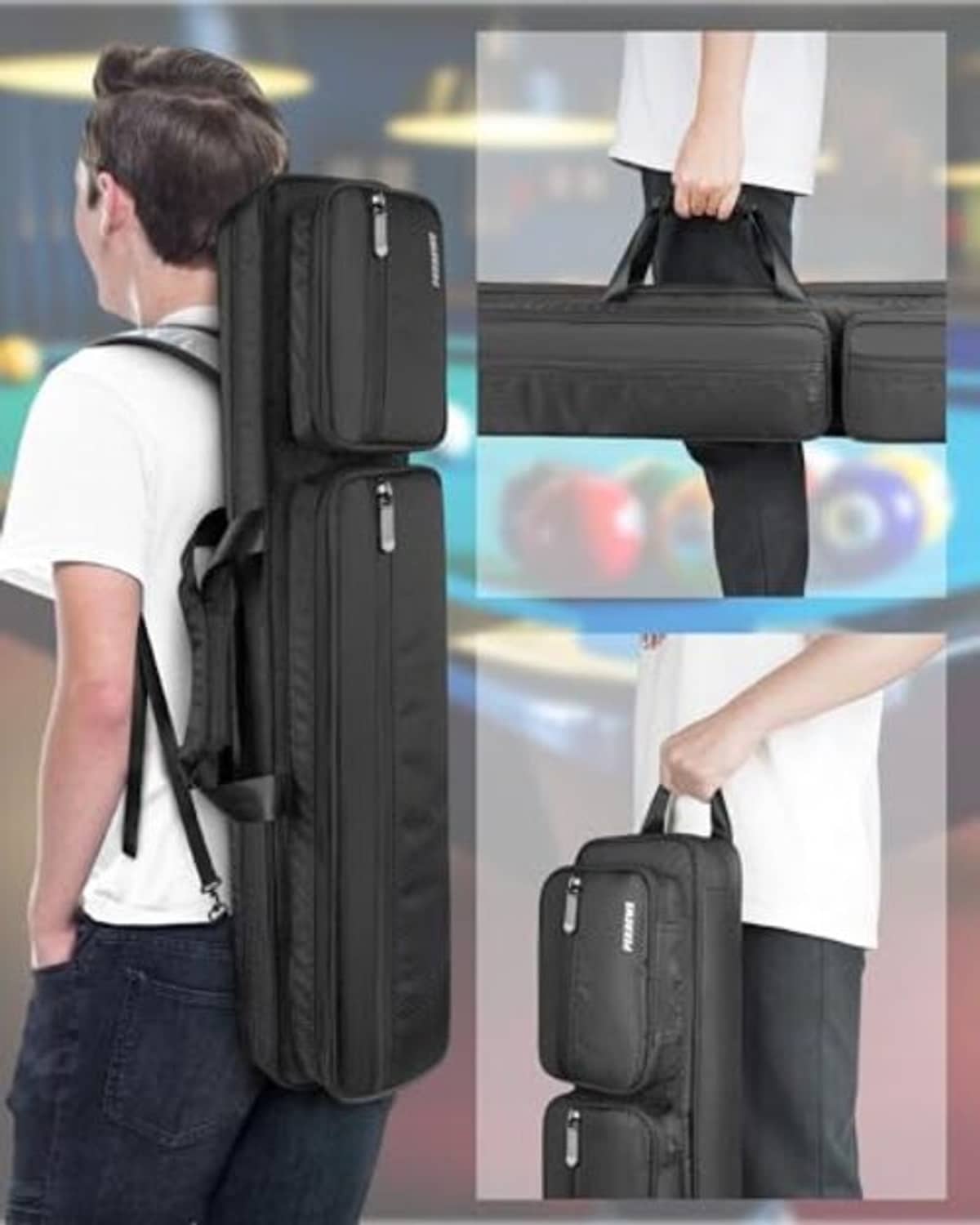 Black pool cue case worn on back with backpack-style shoulder strap system