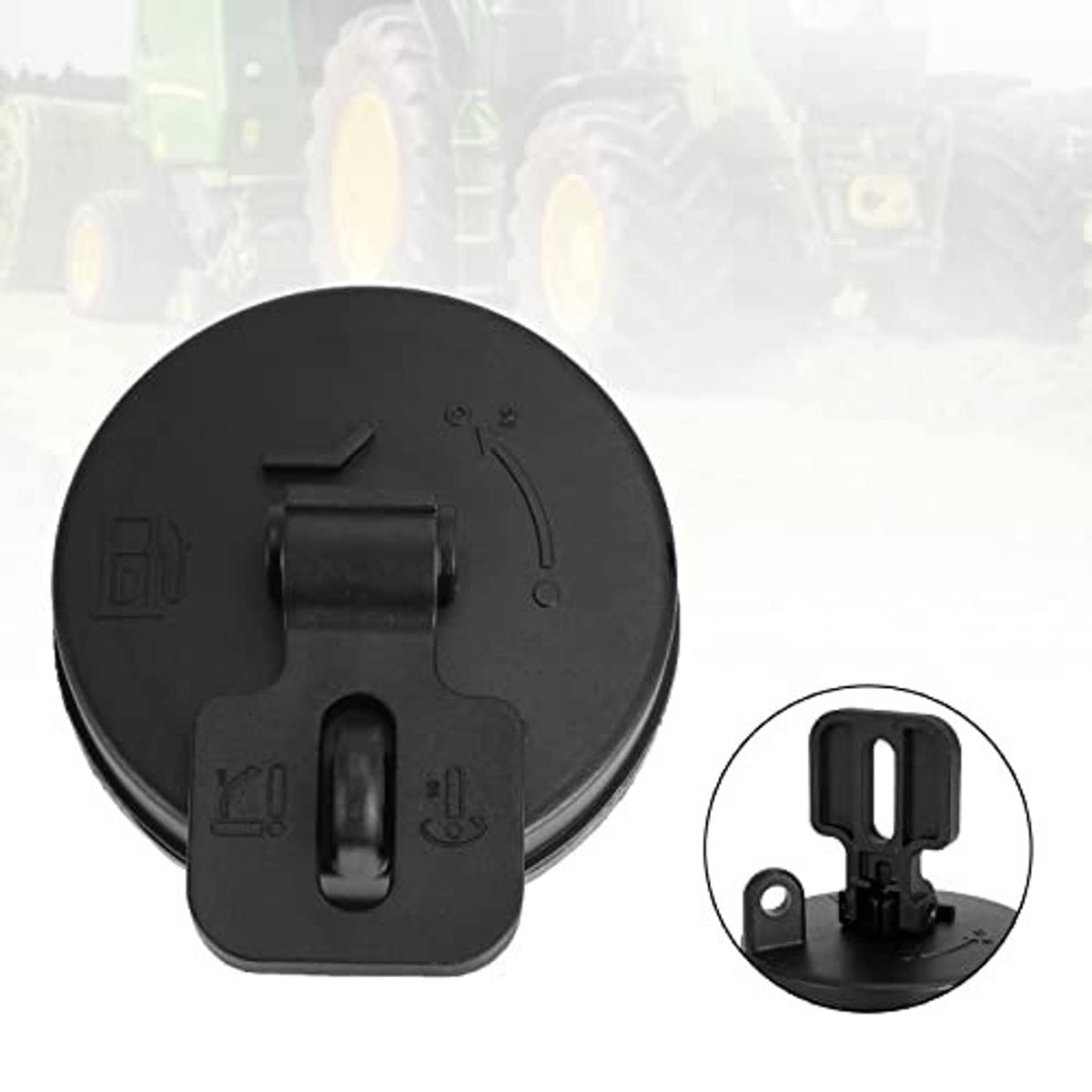 Black circular diesel fuel tank cap cover with latch clip and underside view