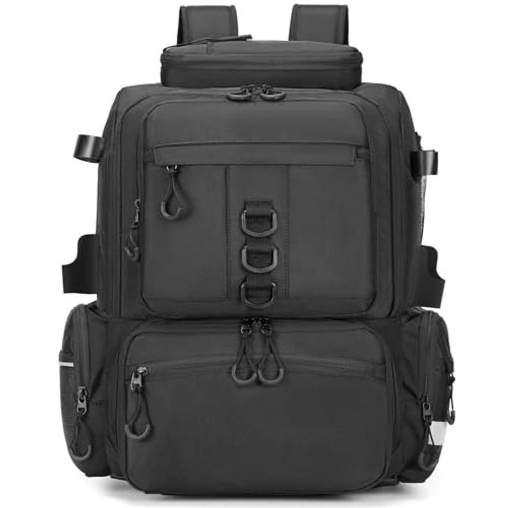 Black tackle backpack front view with reinforced handles and dual zipper compartments